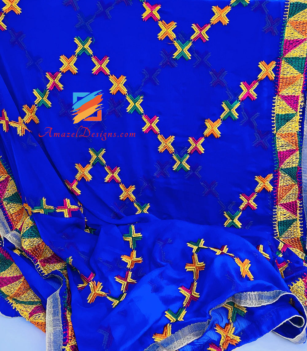 Blue phulkari dupatta store with plain suits