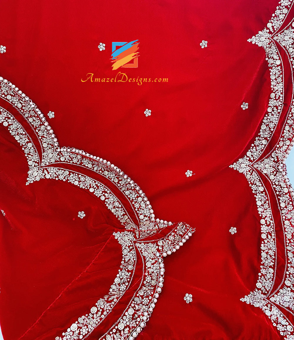 Red Golden Tilla Sitara Beads Cut Work Velvet Shawl – Amazel Designs