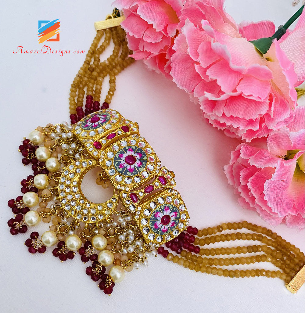 Statement High Quality Designer Choker Necklace Earrings Golden Meenakari Kundan Set