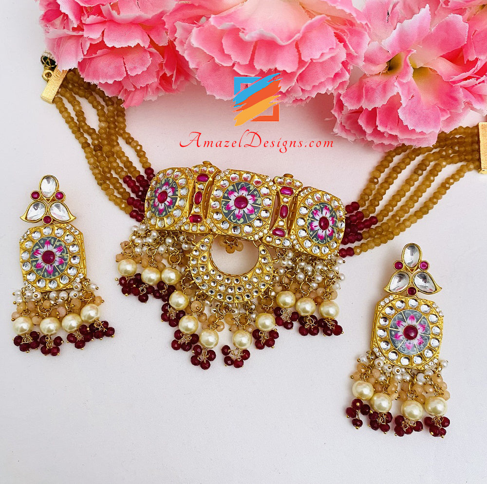 Hochwertiges Statement-Designer-Choker-Halsketten-Ohrringe-Goldenes Meenakari-Kundan-Set 