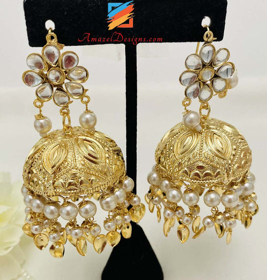 Golden Pippal Patti Lightweight Kundan Jhumka Oversized Tikka Set