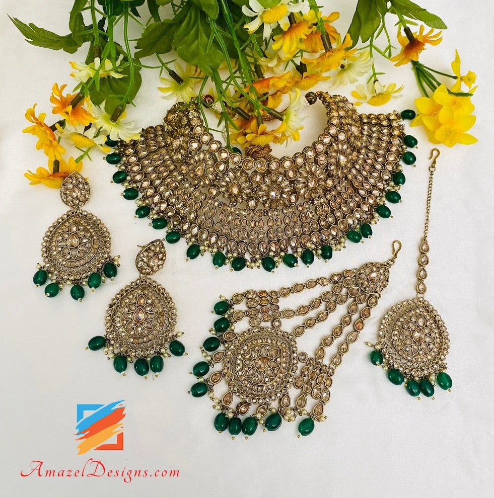 Set di orecchini collana flessibile verde smeraldo Polki Tikka Jhumer 