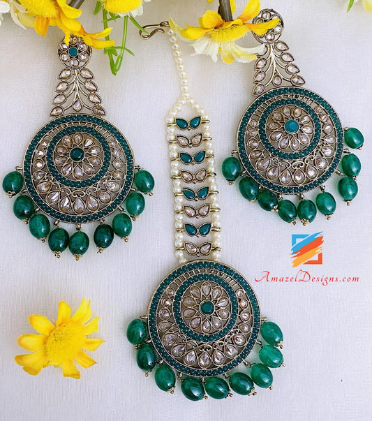 Green Polki Earrings Tikka Set