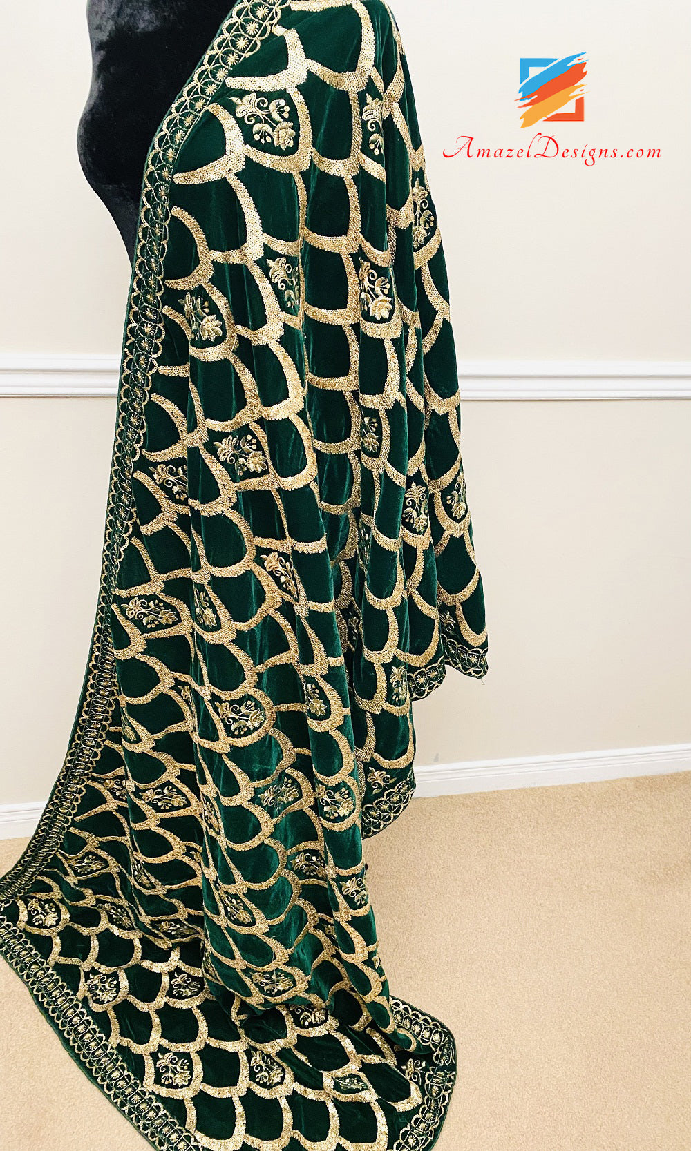 Green Velvet Shawl All Over Tilla Sitara Work