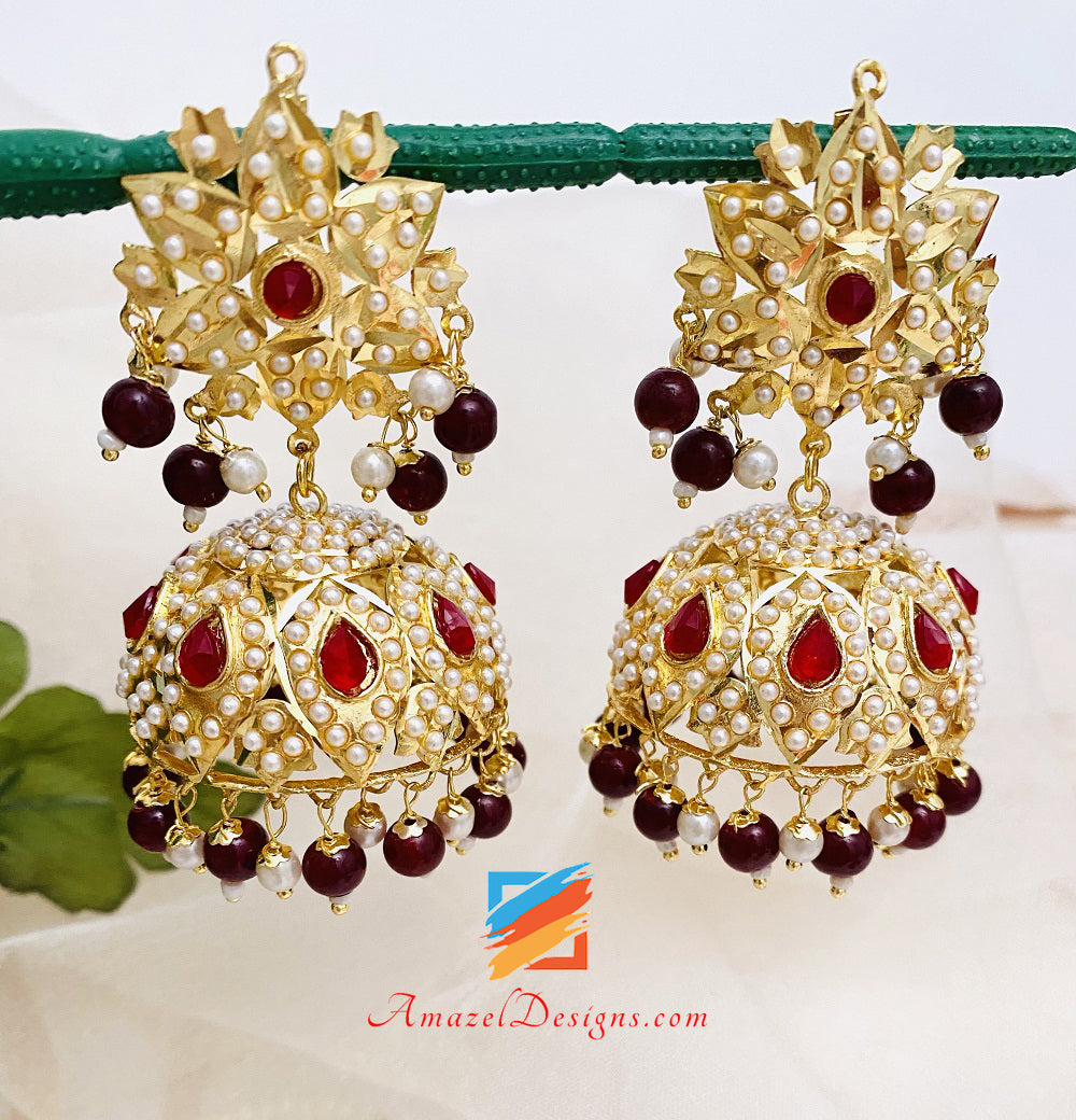 Jadau Kundan Pippal Patti Maroon Ruby Jhumki Ohrringe Tikka Set 