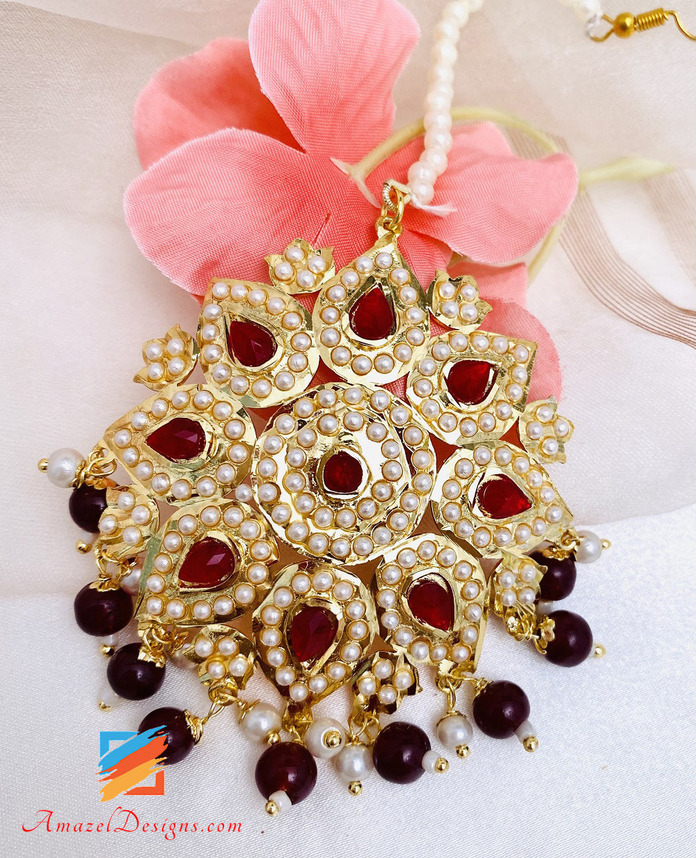 Jadau Kundan Pippal Patti Maroon Ruby Jhumki Ohrringe Tikka Set 