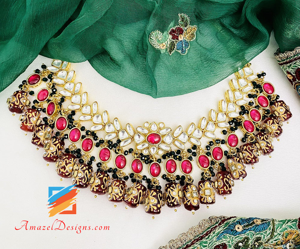 Kundan Maroon Timble Beads Necklace Choker Earrings Set