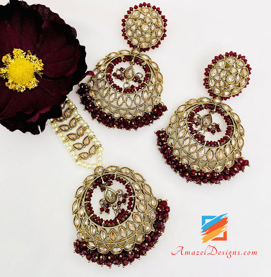 Maroon Polki Earrings Tikka Set