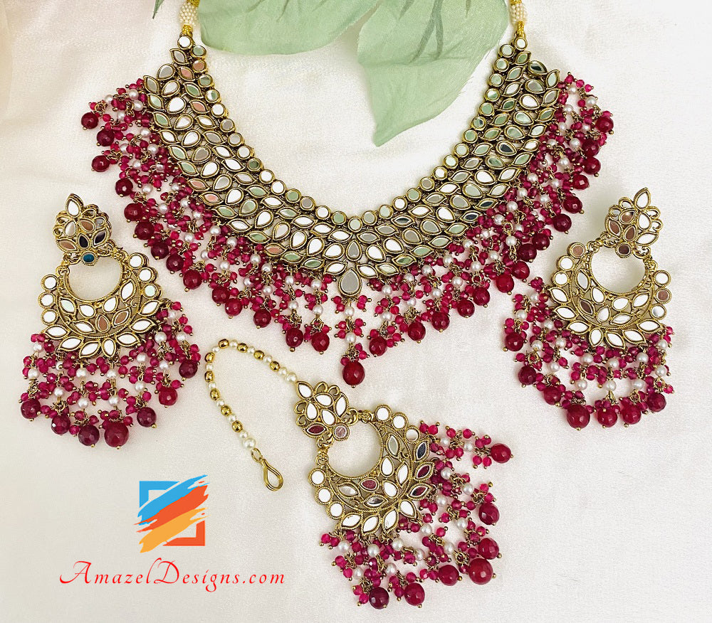 Maroon Ruby Sheesha Lightweight Necklace Earrings Tikka Set