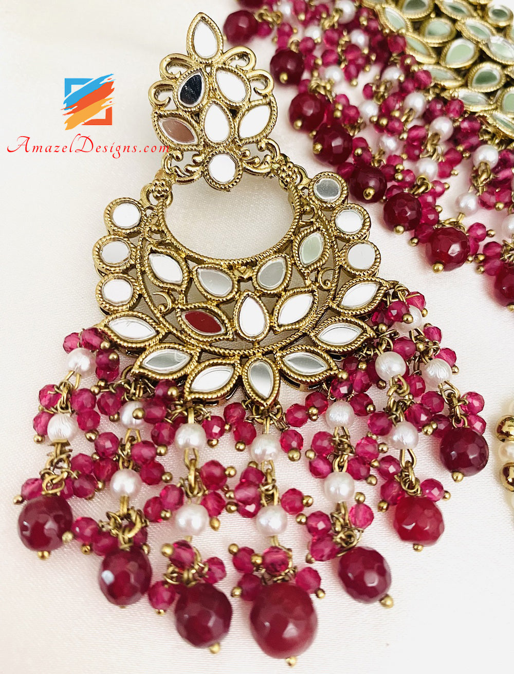 Maroon Ruby Sheesha Lightweight Necklace Earrings Tikka Set