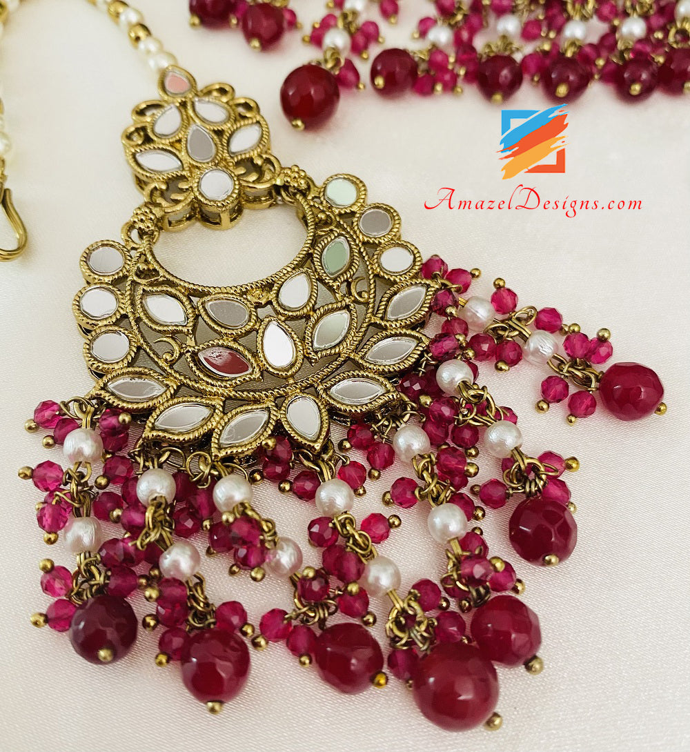 Maroon Ruby Sheesha Lightweight Necklace Earrings Tikka Set