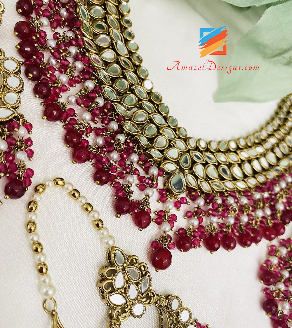 Maroon Ruby Sheesha Lightweight Necklace Earrings Tikka Set