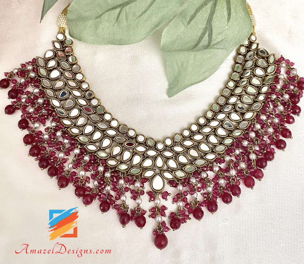 Maroon Ruby Sheesha Lightweight Necklace Earrings Tikka Set