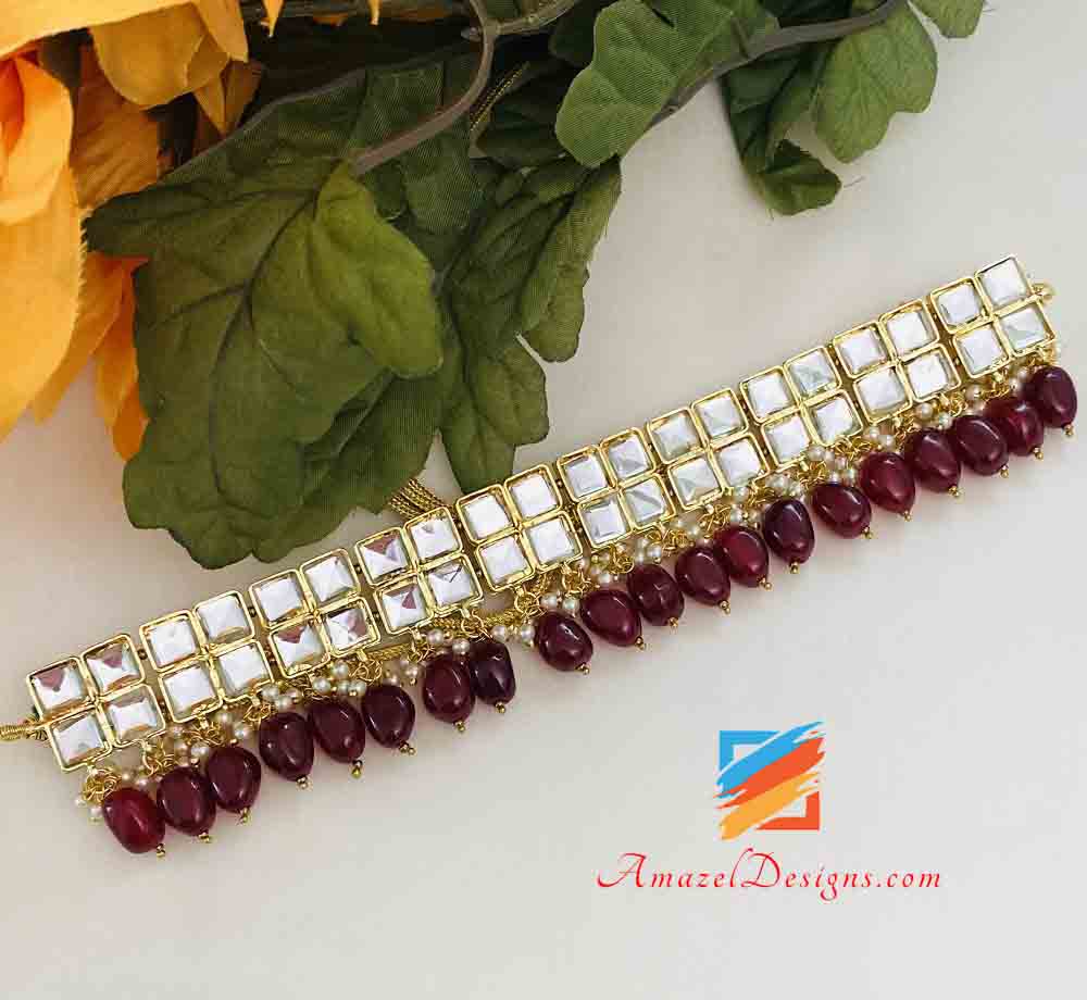 Maroon Sheesha Choker With Earrings And Tikka Set