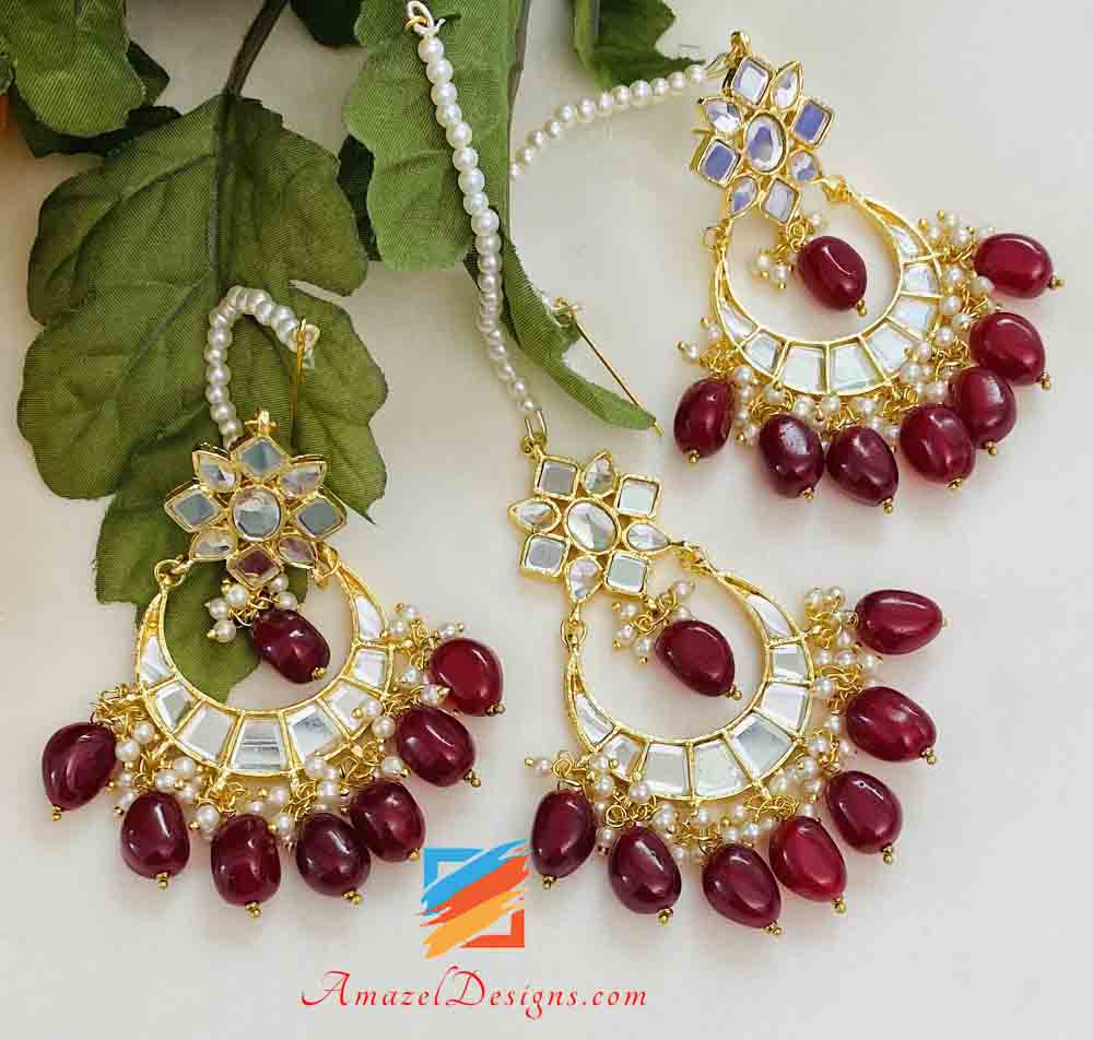 Maroon Sheesha Choker With Earrings And Tikka Set