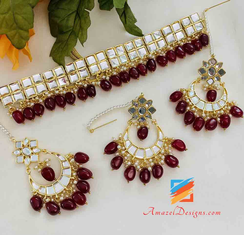 Maroon Sheesha Choker With Earrings And Tikka Set