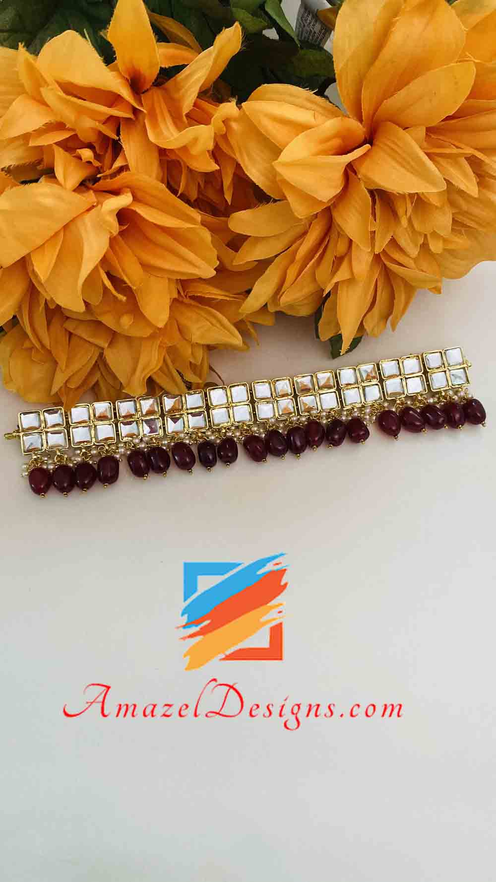 Maroon Sheesha Choker With Earrings And Tikka Set