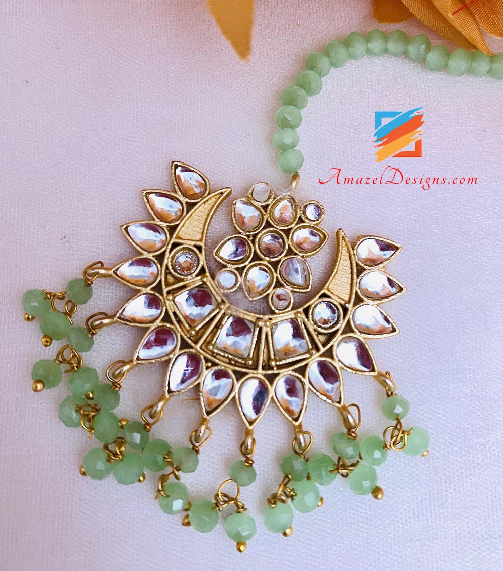 Mint Kundan Jhumka Earrings Tikka Set