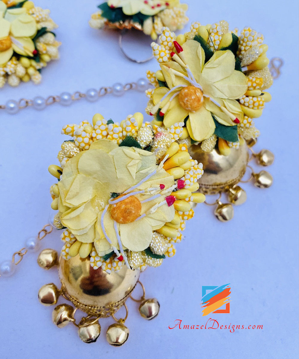 Collana Jhumka Orecchini Hand Pieces Tikka Yellow Flower Set 