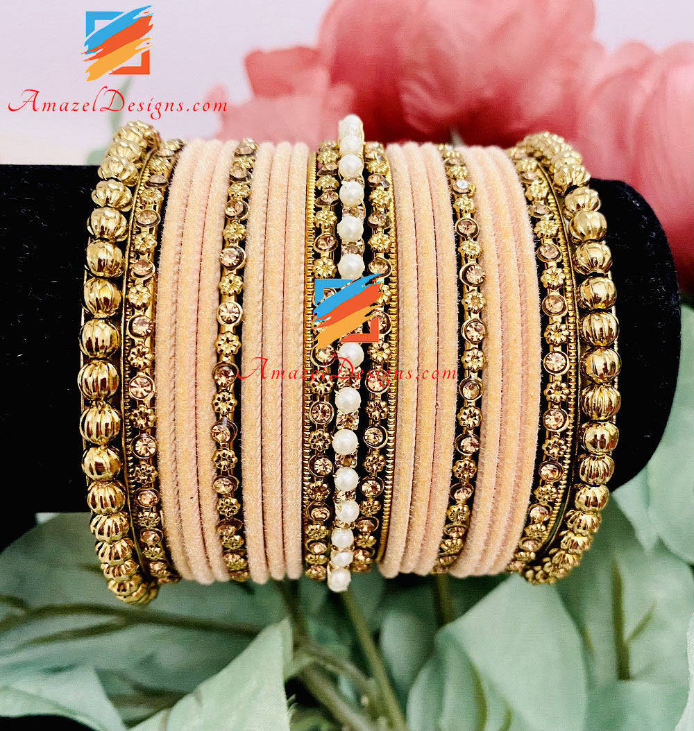 Peach Velvet Antique Stone And Pearl Bangles