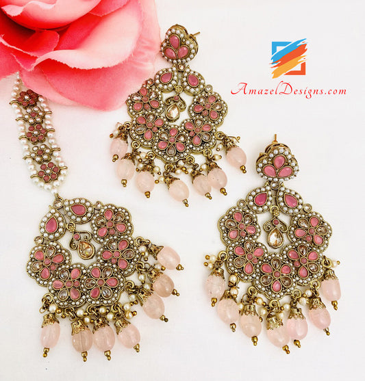 Pink Polki Earrings Tikka Set