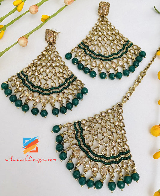 Polki Emerald Green Tikka and Earrings Set Polki