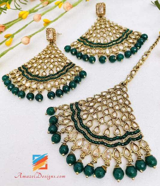 Polki Emerald Green Tikka and Earrings Set Polki