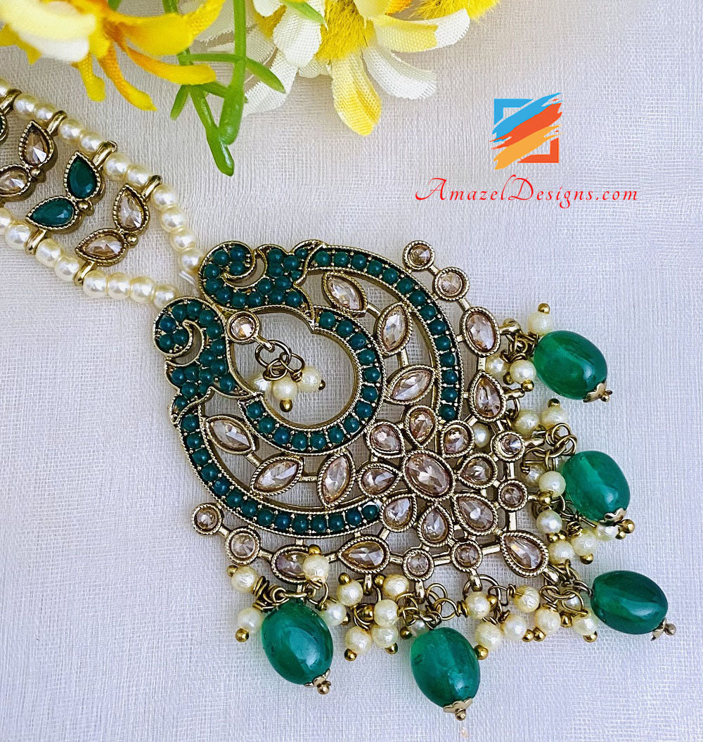 Polki Green Beads Oversized Earrings And Tikka Set