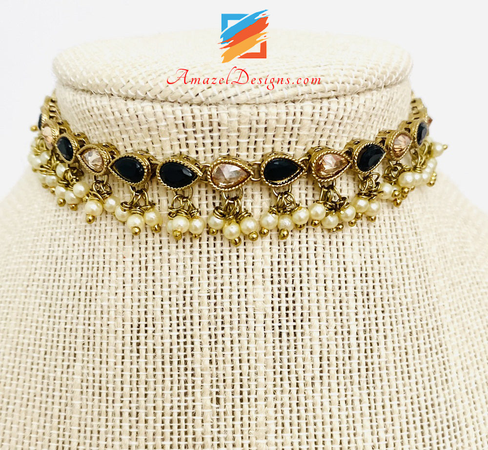 Polki Hanging Beads Black Single Line Choker/Necklace – Amazel Designs