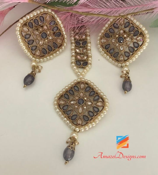 Grey Polki Studs Tikka Set