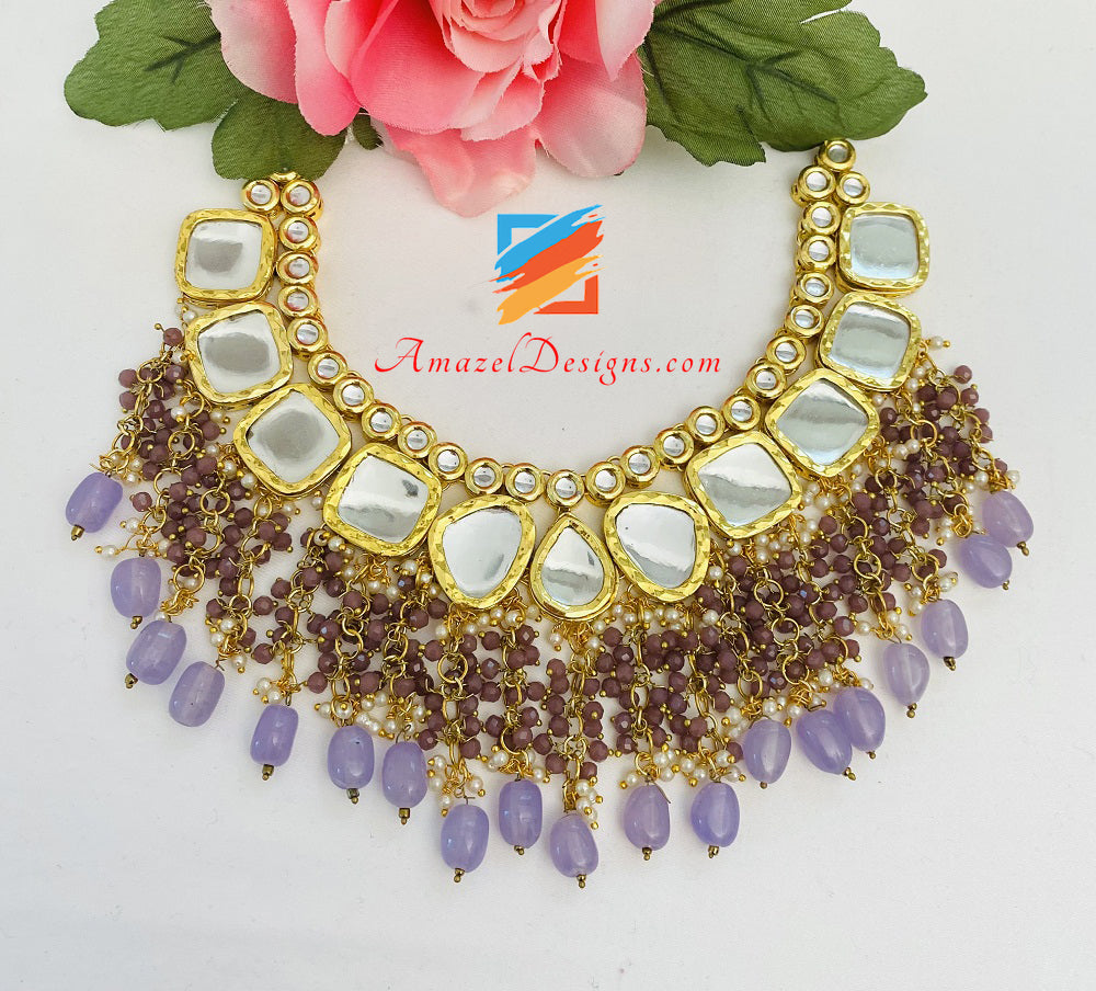 Lila Lavendel Mauve Große Kundan Ohrringe Tikka Set 