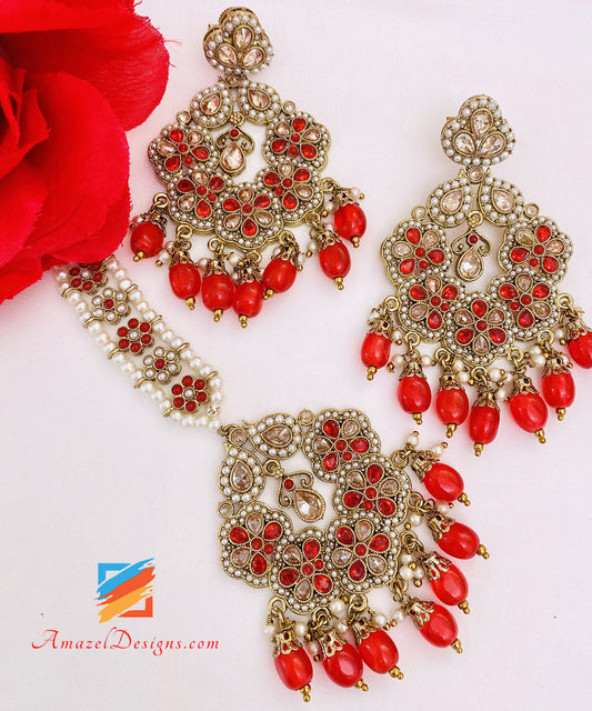 Red Polki Earrings Tikka Set