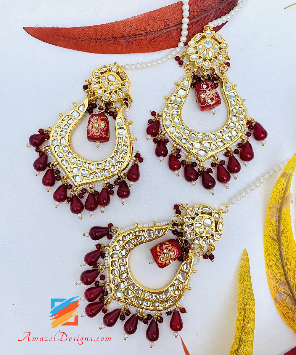 Ruby Maroon Meenakari Bead Kundan Earrings Tikka Set