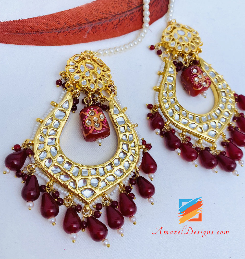 Ruby Maroon Meenakari Bead Kundan Earrings Tikka Set