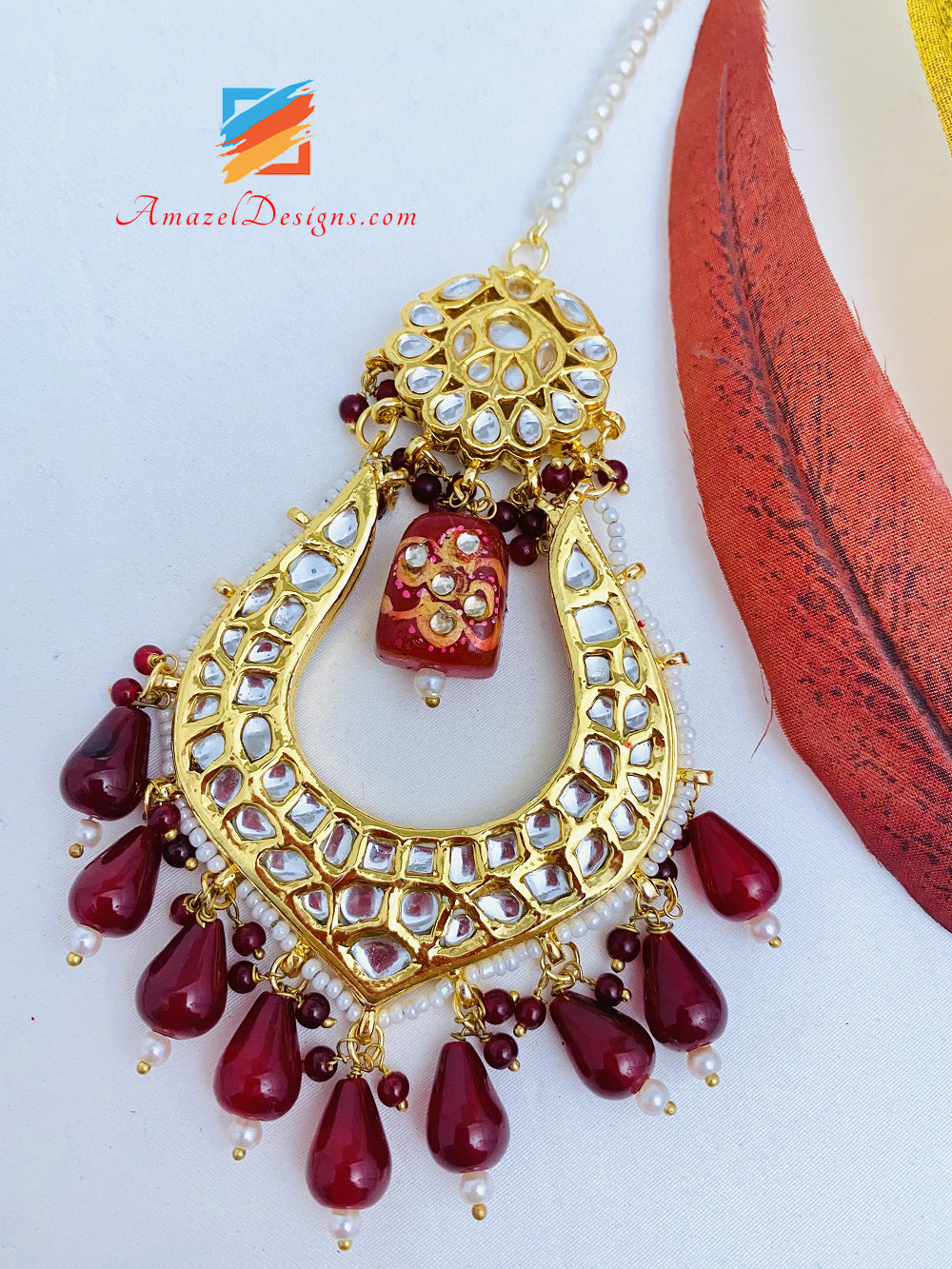 Ruby Maroon Meenakari Bead Kundan Earrings Tikka Set